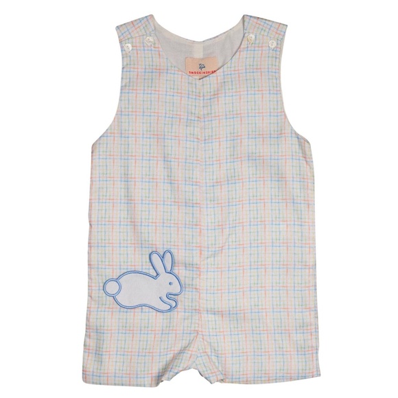 NWT Rainbow Plaid Shortall with Bunny Pocket
